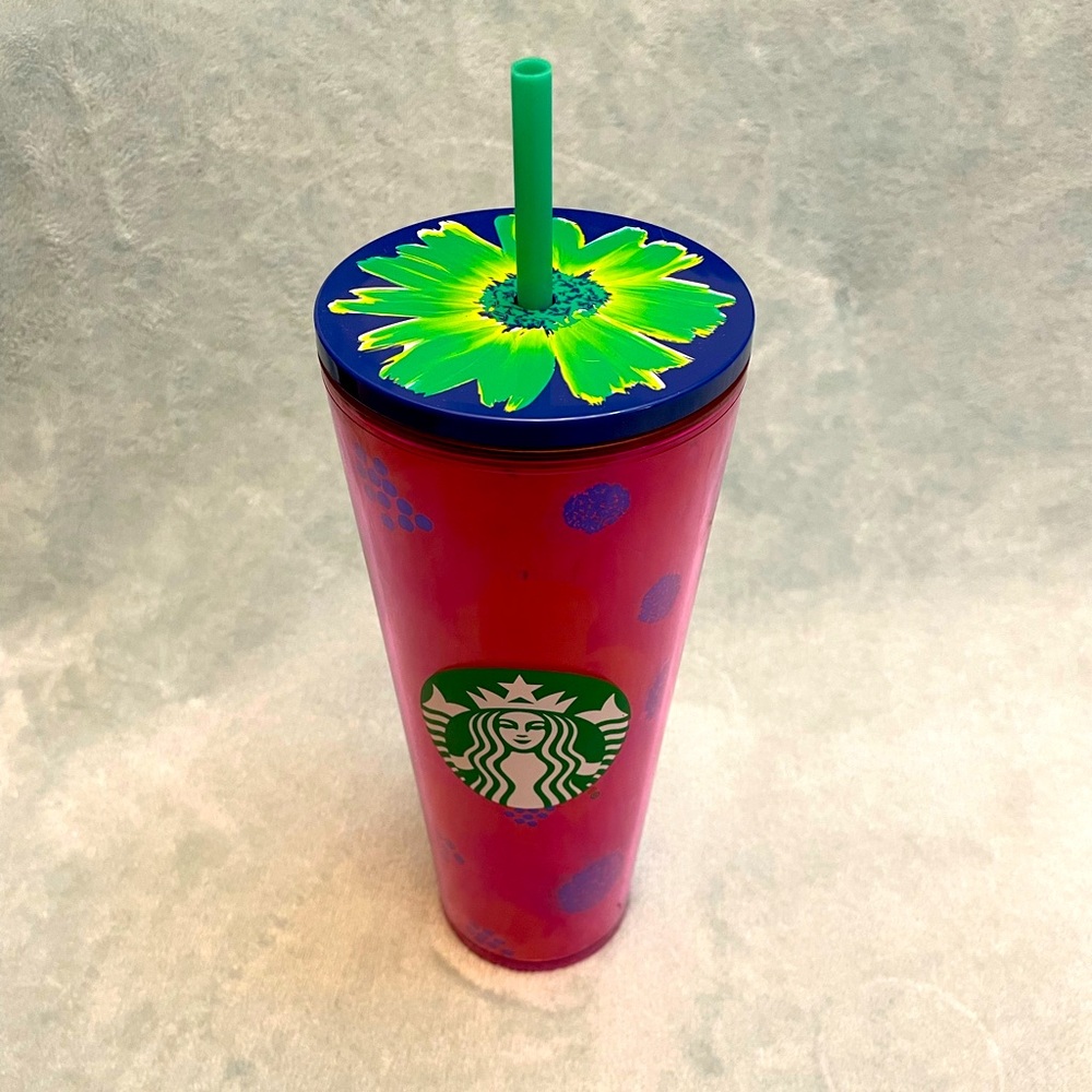Starbucks Red/Orange Coral Dancing Blooms Plastic Cold Cup Tumbler 24oz